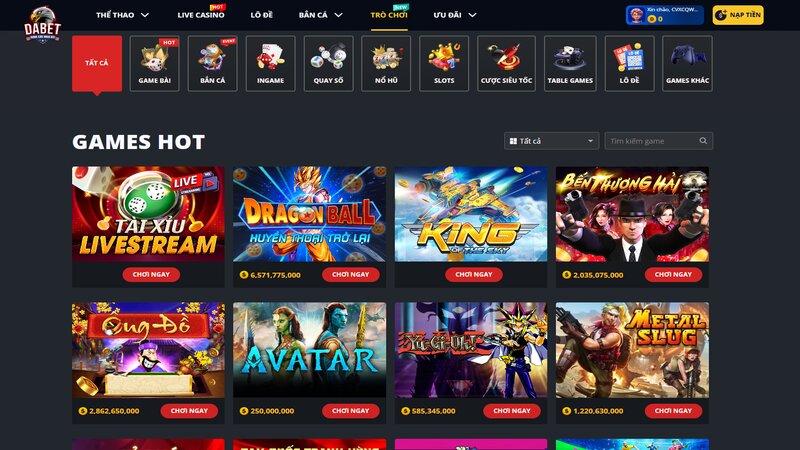 Sảnh game đa dạng và phong phú của Casino Online DABET